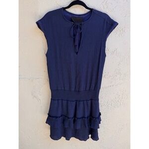 Vacate The Label Navy Blue Ruffled Smocked Mini Dress SMALL Tassel Tie Boho
